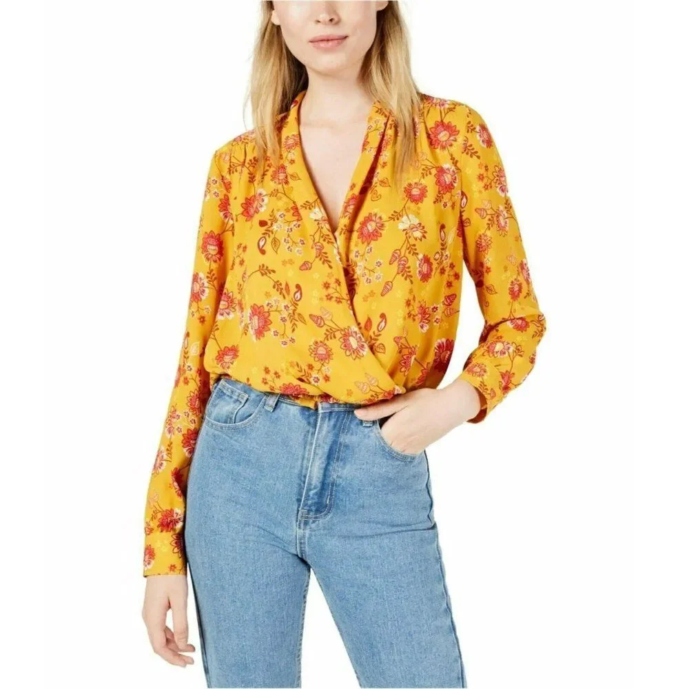 PROJECT 28 NYC Yellow Floral Print Faux‎ Wrap Top S Small Mustard NWT